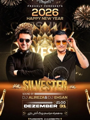 Persisch Party Irani Silvester 2026 in Frankfurt – Cheshmak Events mit DJ Ehsan und DJ Alireza, Jashn Sal No 31.12.2025, بزرگ‌ترین مهمانی ایرانی سال نو در فرانکفورت با موسیقی زنده و فضای گالا
